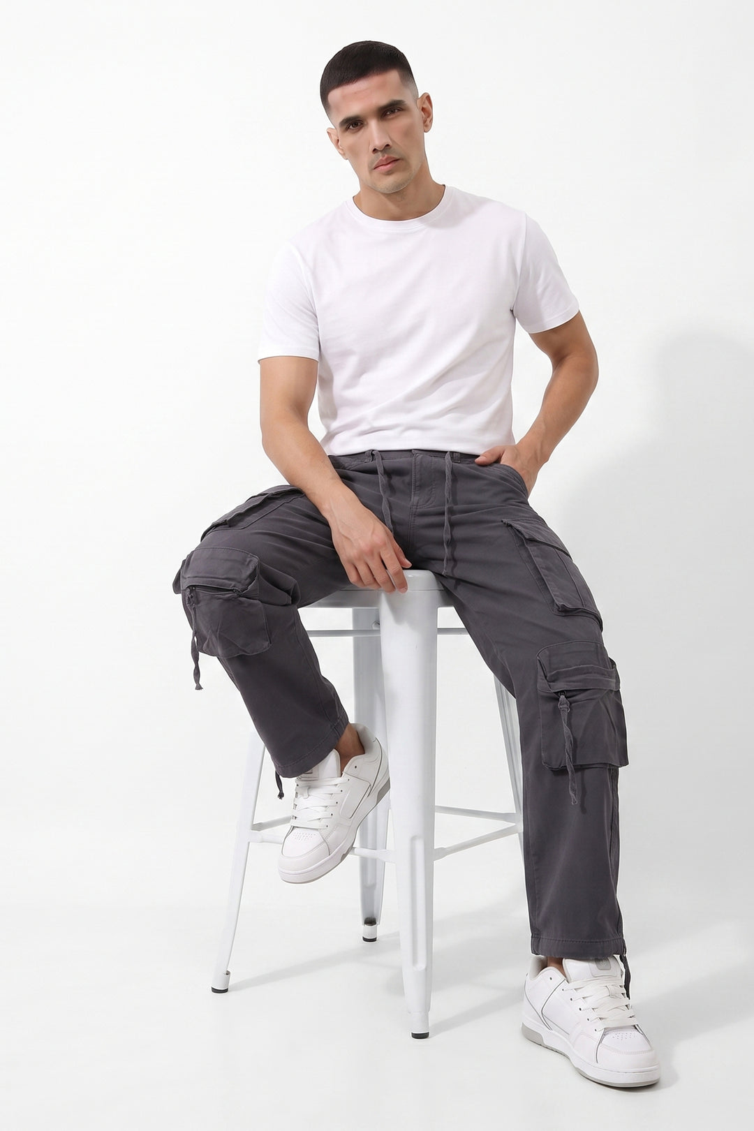 Gritstones Men's Steel Grey Utility 10 Pocket Cargo Pants