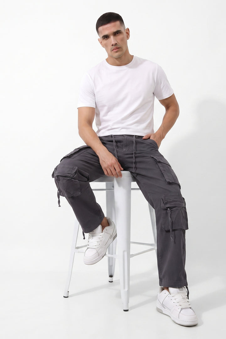 Gritstones Men's Steel Grey Utility 10 Pocket Cargo Pants