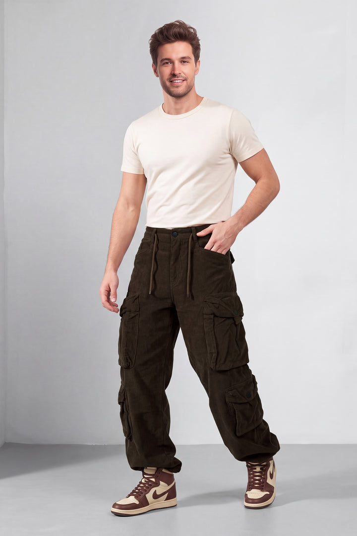 Coffee Brown Men 8 Multi Pocket Coudroy Cargos