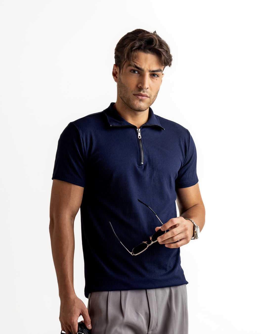 Navy Self Design Cotton Rib Zipper T-Shirt