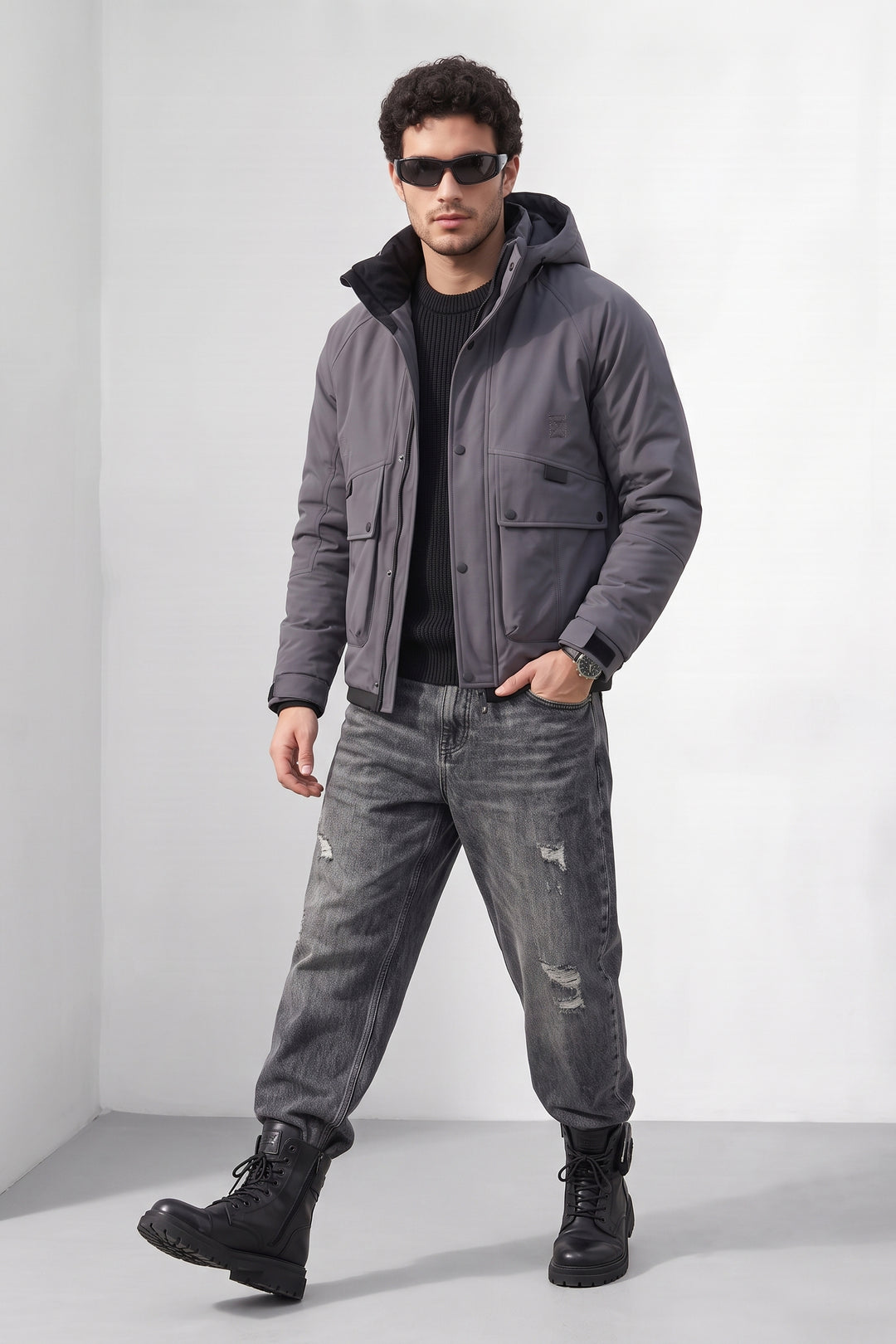Light Purple Quilted Hooded Heavy Winter Jacket with Utility Pockets