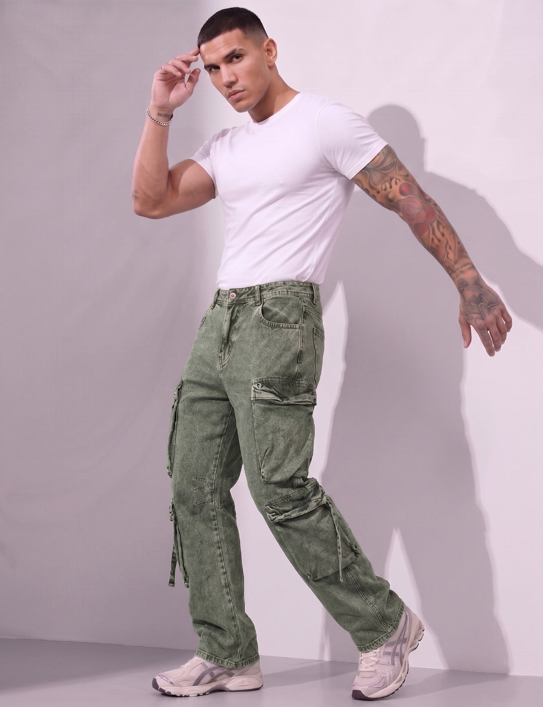 Green Men Button Closure Denim Cargo