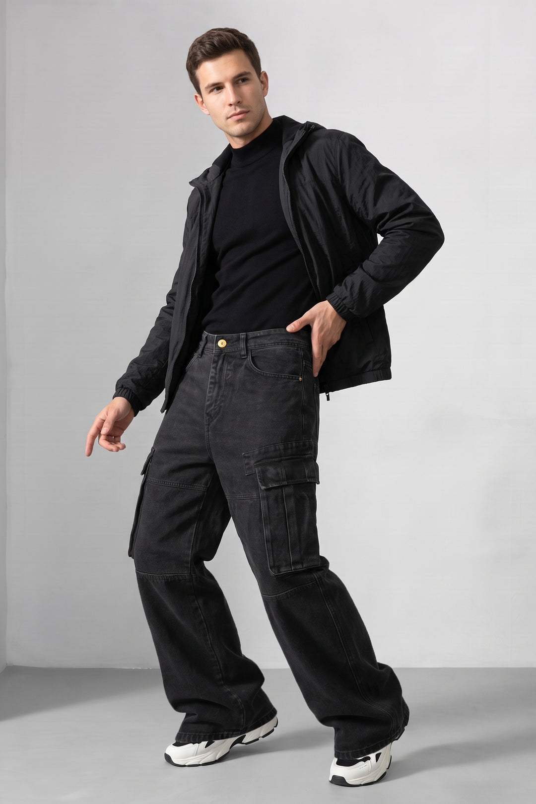 Black Baggy Denim Cargo with Multi-Pocket Utility Design