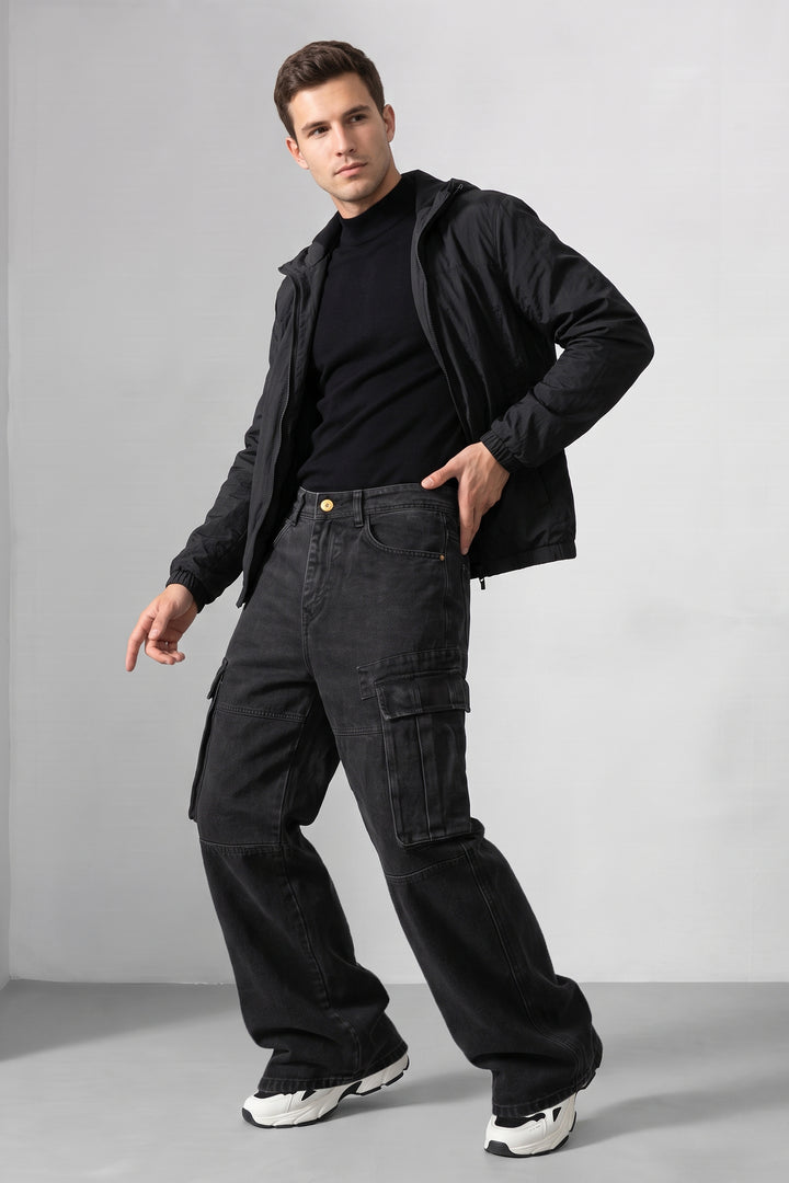 Black Baggy Denim Cargo with Multi-Pocket Utility Design