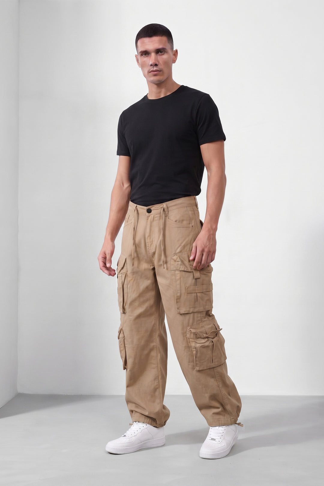 Brown Mens Solid 8-Pocket Cotton Cargo Pant
