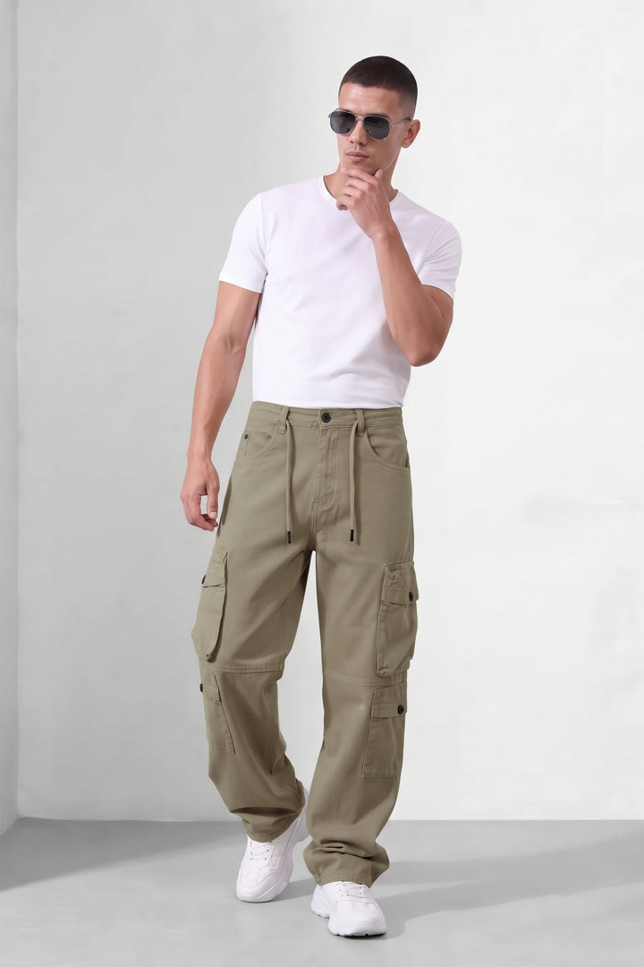 Beige Mens 8 Multi-Pocket Cargo Trousers
