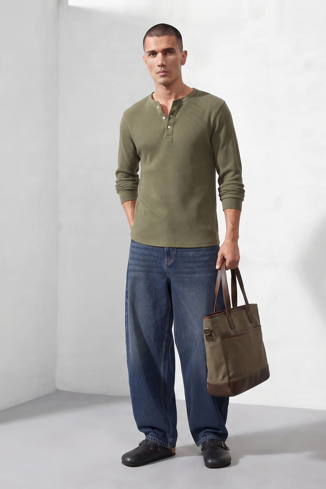 Mehandi Green Self Waffle Knit Henley T-Shirt
