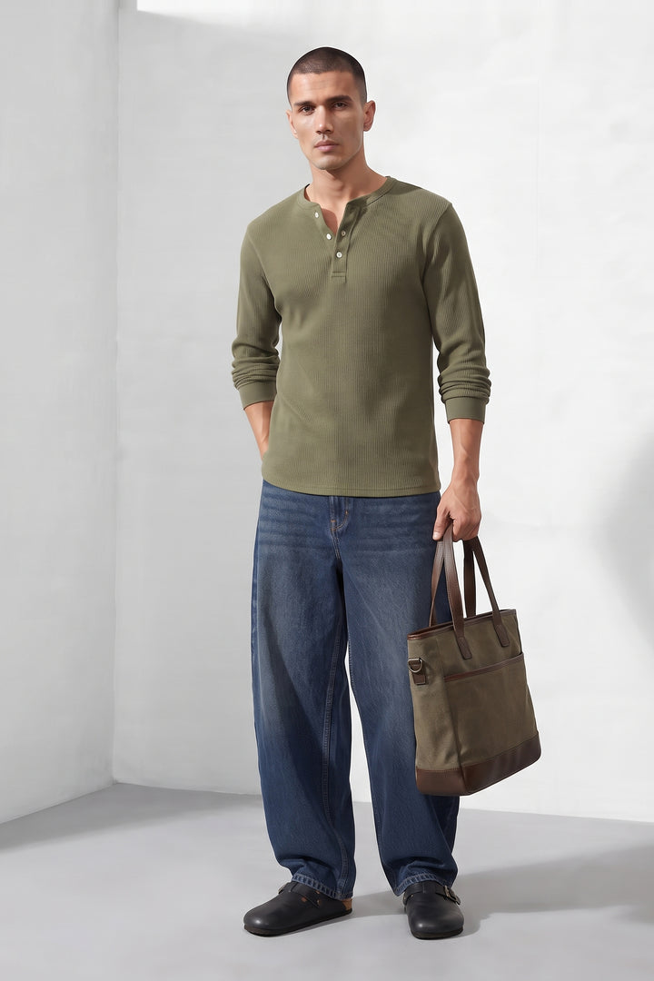 Mehandi Green Self Waffle Knit Henley T-Shirt
