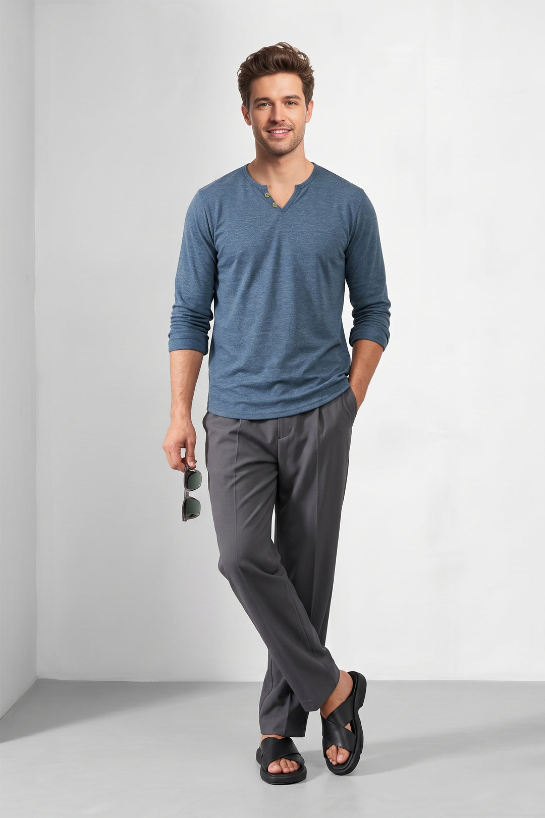 Blue Cotton Knit Full Sleeve Henley T-Shirt