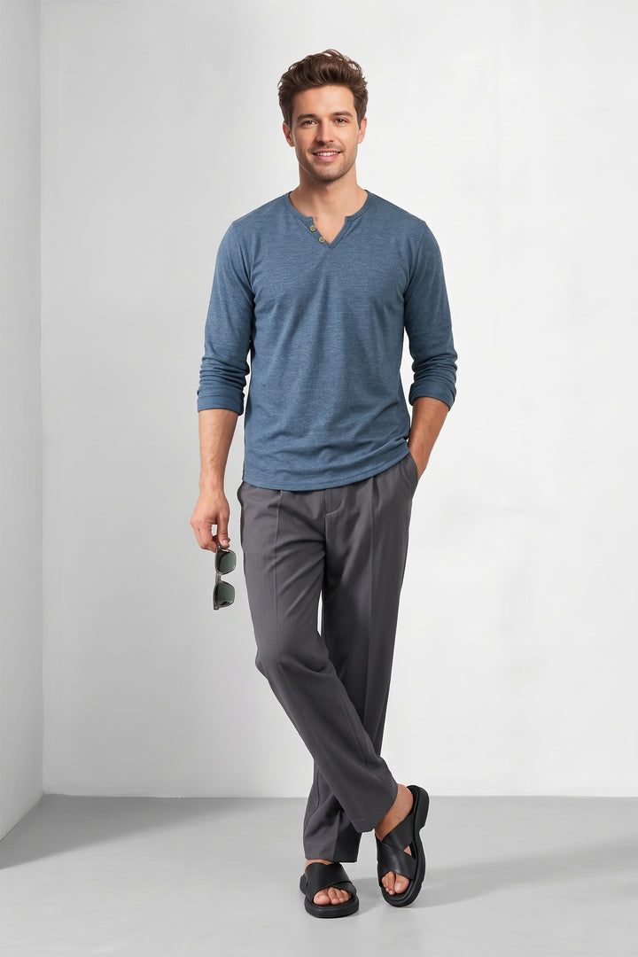 Blue Cotton Knit Full Sleeve Henley T-Shirt
