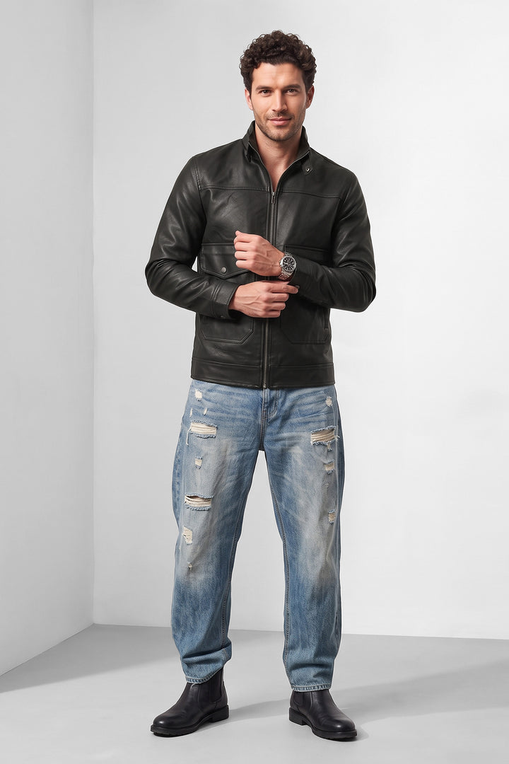 Black Faux Leather Utility Jacket Full-Zip Winter Jacket