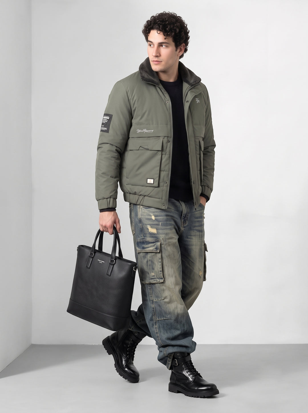 Green Quilted Puffer Jacket with Fur Collar