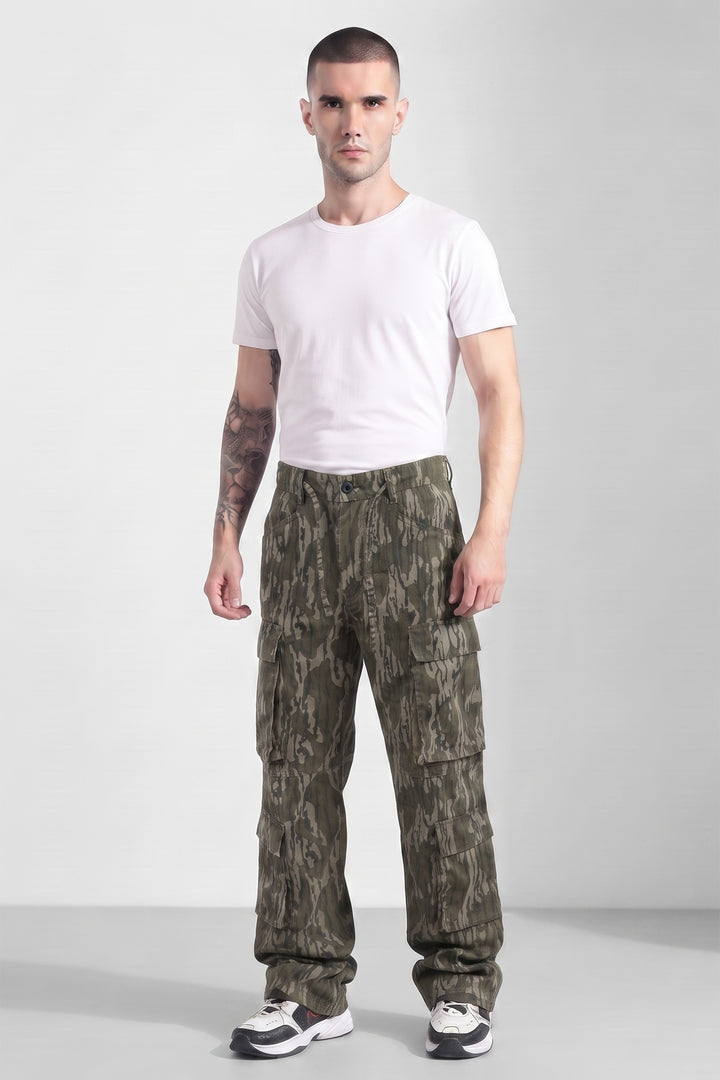 Olive Mens Printed 8-Pocket Cotton Cargo Pant