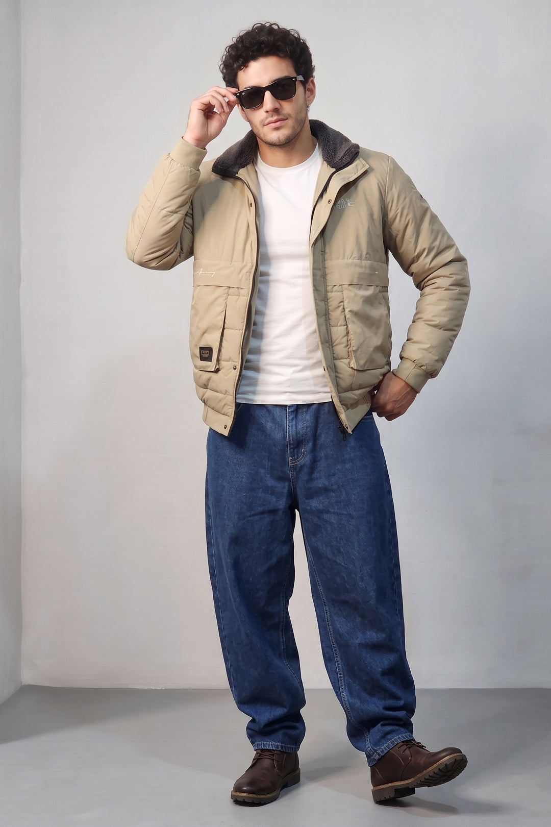 Cream Quilted Puffer Jacket with Sherpa Collar Full-Zip Winter Jacket