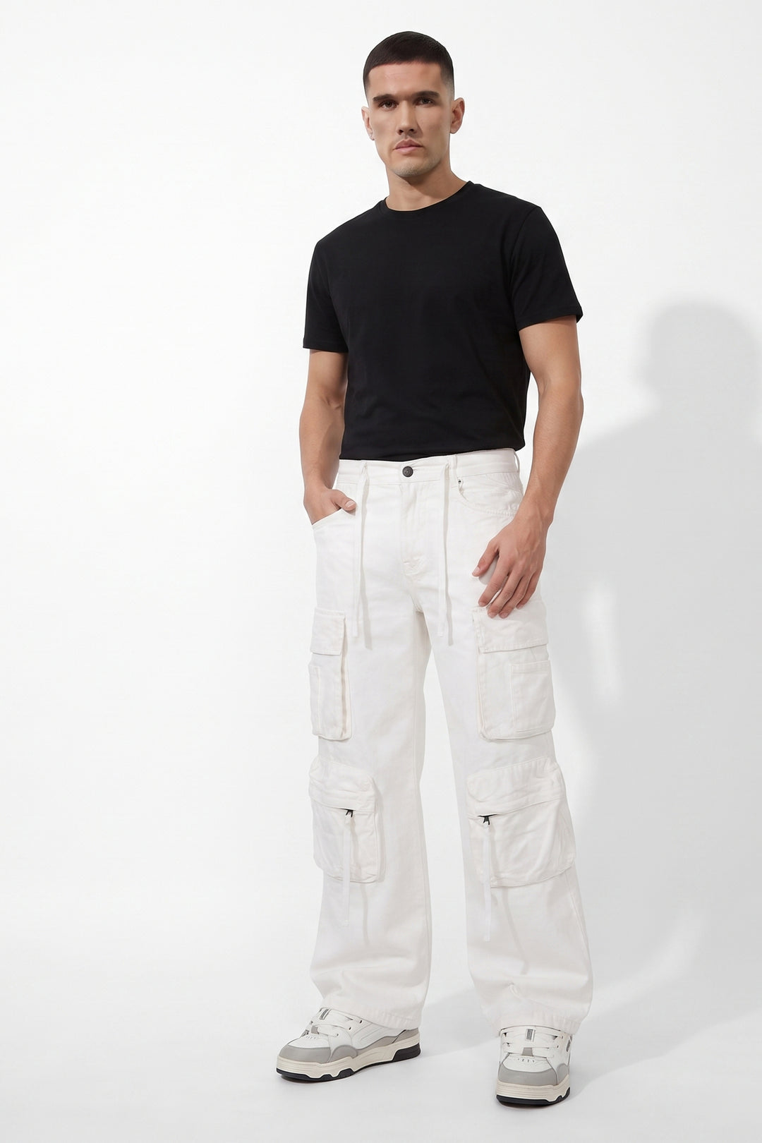 Gritstones Men's White Utility 10 Pocket Cargo Pants