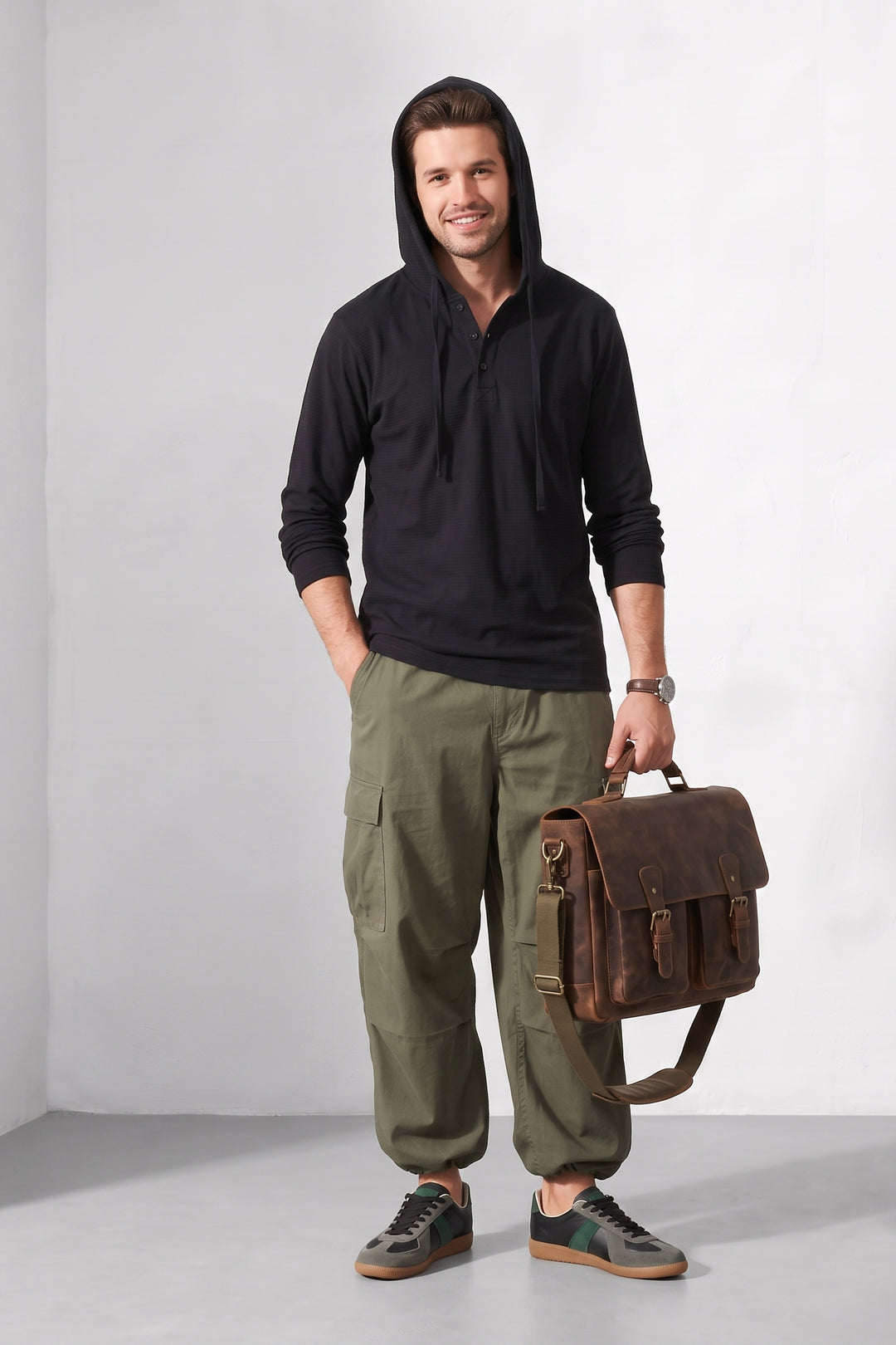 Black Ottoman Placket Hooded T-Shirt