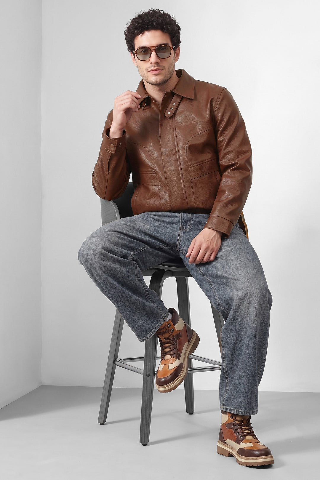 Brown Textured Faux Leather Heavy Jacket