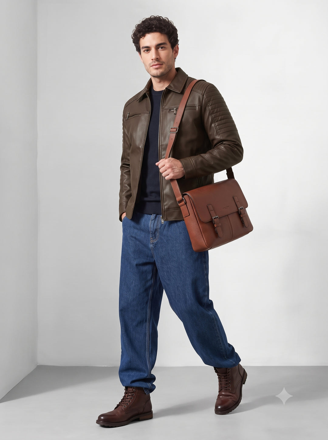 Brown Structured Textured Leather-Style Jacket
