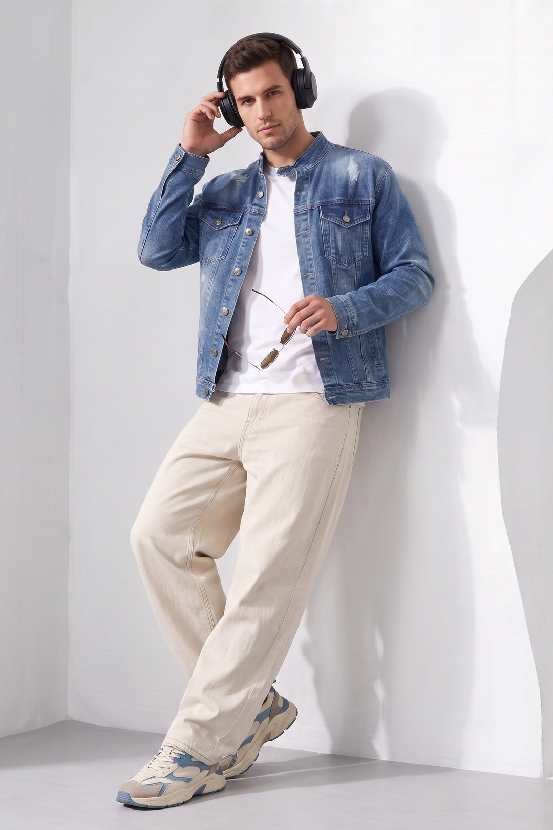 Blue Washed Denim Jacket with Stand Collar and Button Closure