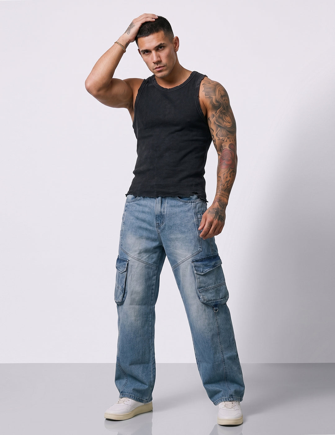 Grey Blue Men Pocket Denim Cargo