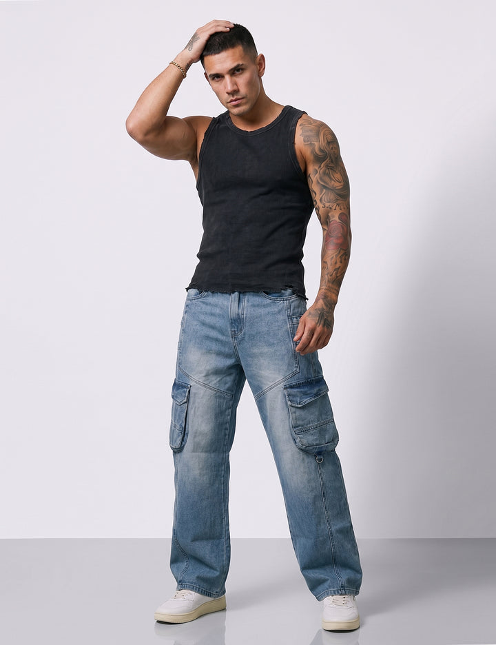 Grey Blue Men Pocket Denim Cargo