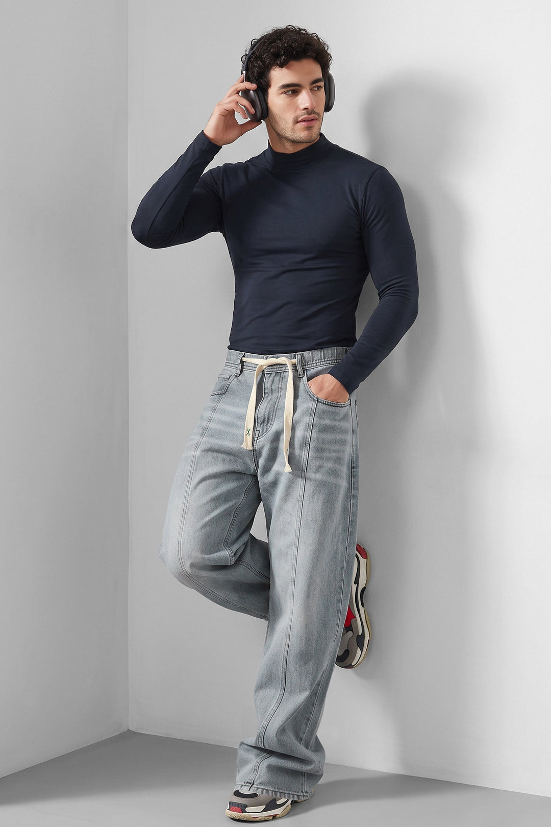 Light Blue Barrel Fit Denim Jeans with Contrast Drawstring Detail