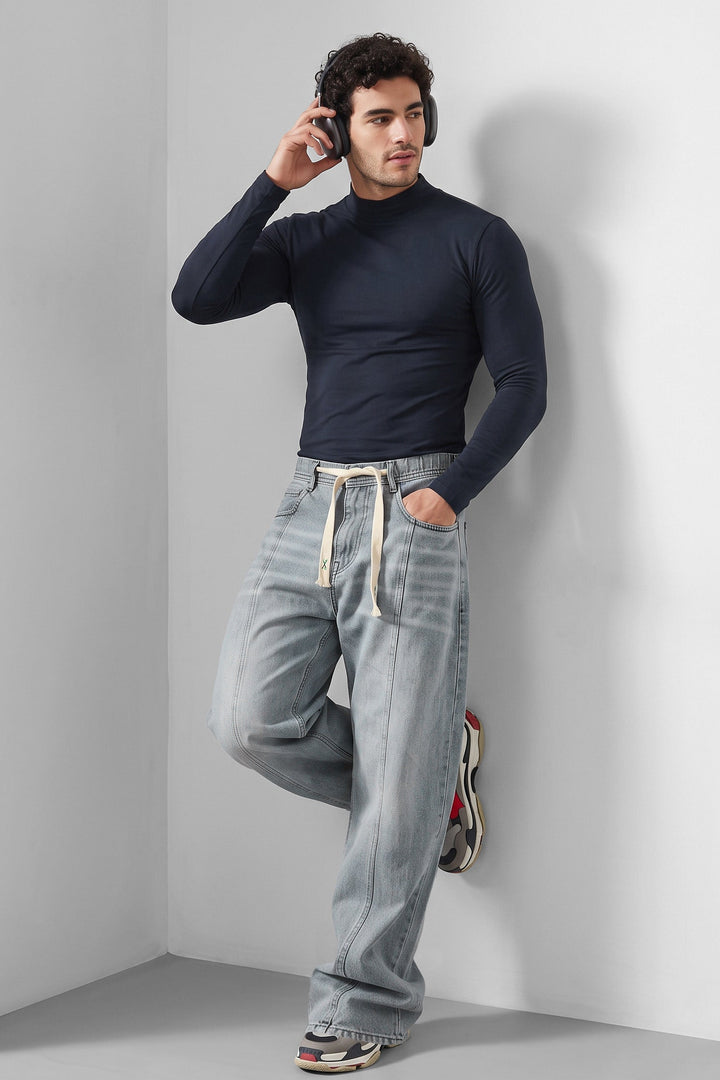 Light Blue Barrel Fit Denim Jeans with Contrast Drawstring Detail
