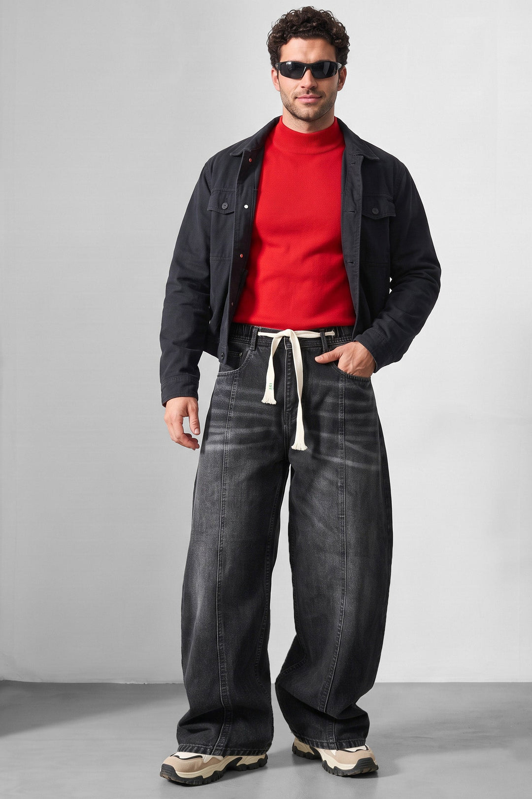 Black Barrel Denim Jeans with Contrast Drawstring Detail