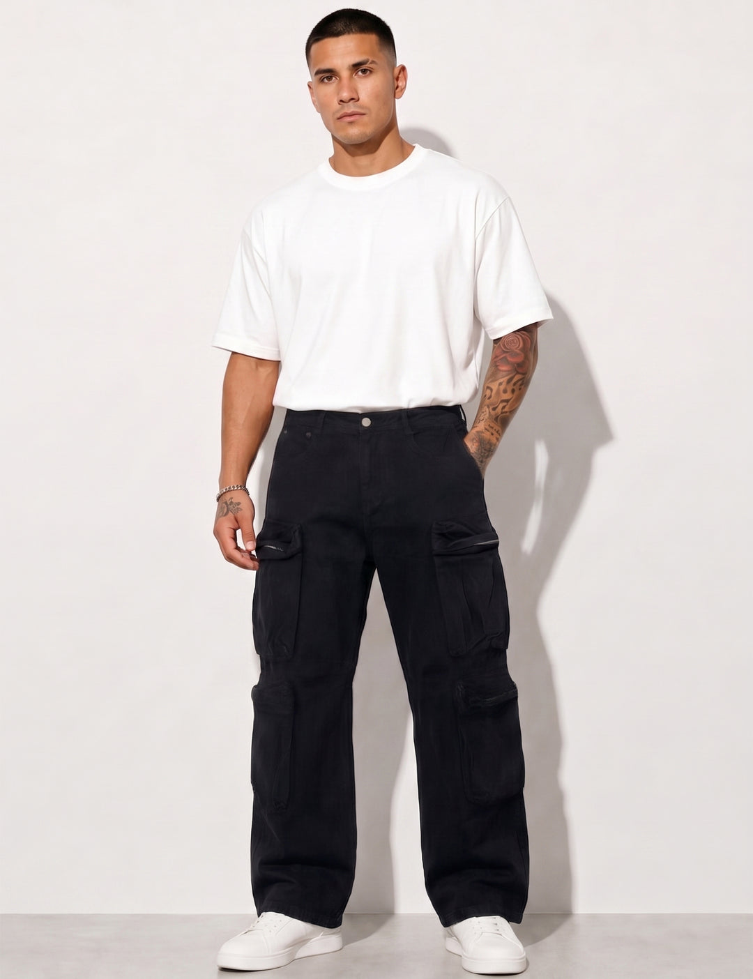 Black Men Button Closure Denim Cargo