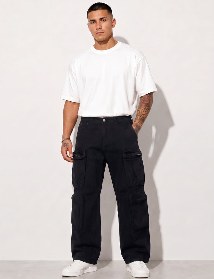 Black Men Button Closure Denim Cargo