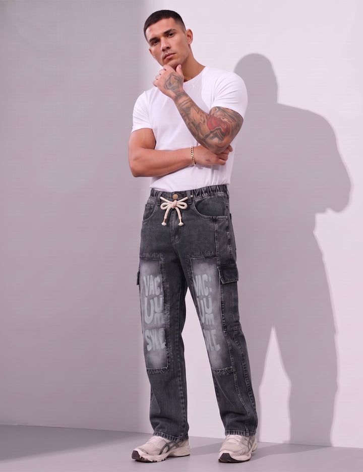 Dark Blue Men Elastic Typographic Cargo Pant