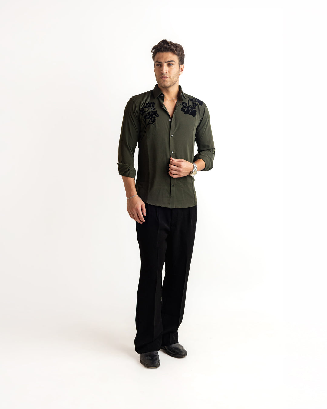 Olive Flocking Flowy Japanese Shirt