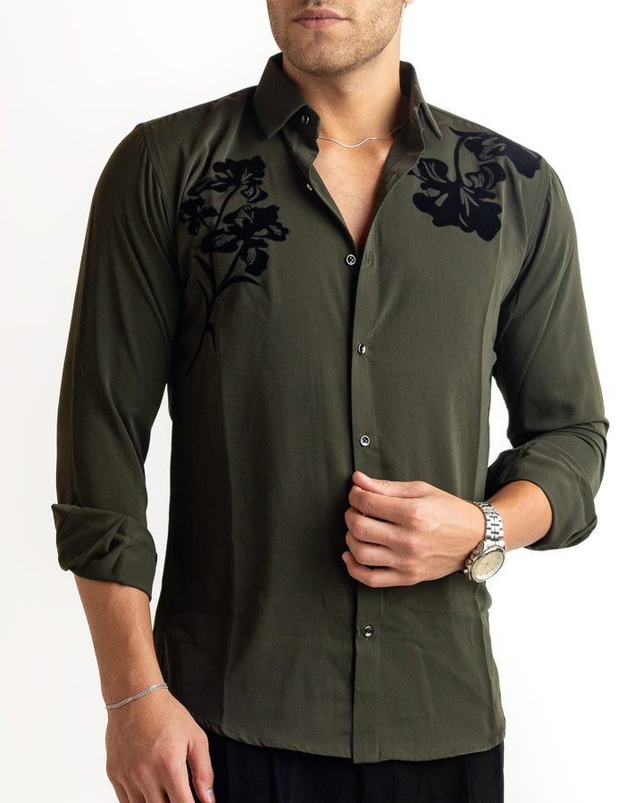 Olive Flocking Flowy Japanese Shirt
