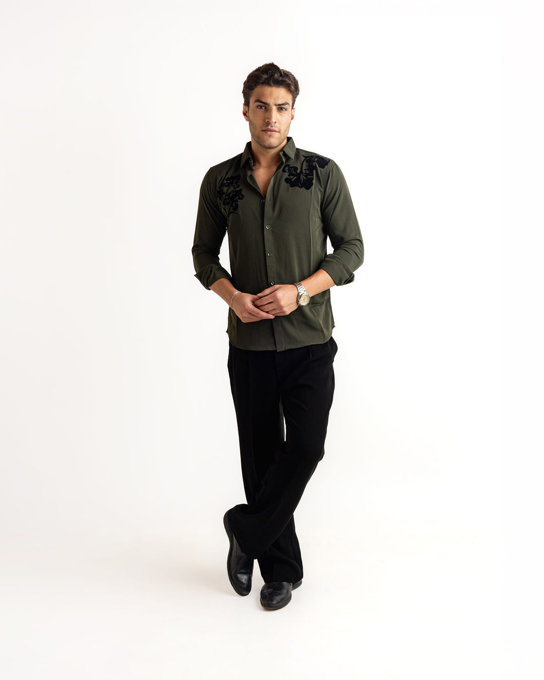 Olive Flocking Flowy Japanese Shirt