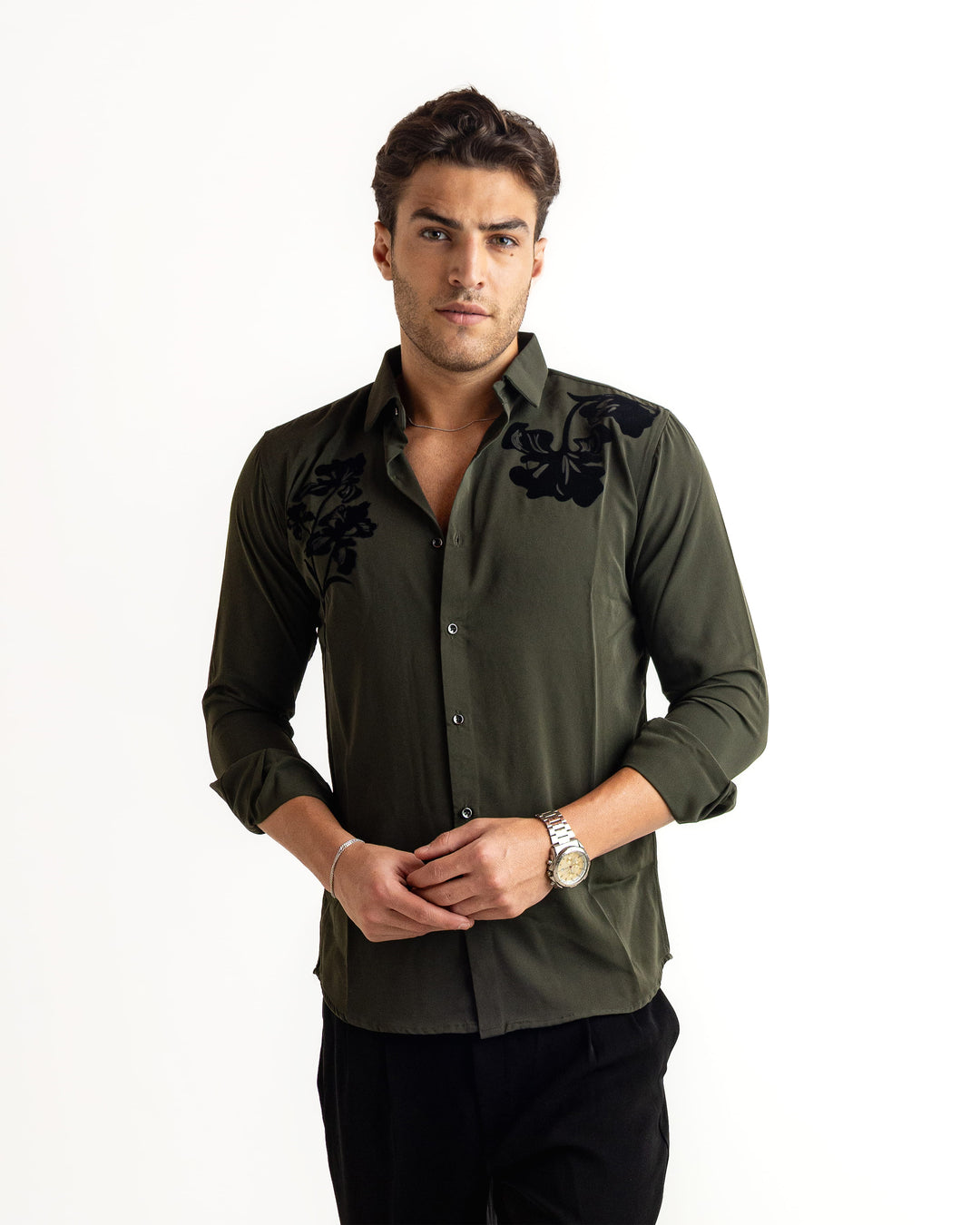 Olive Flocking Flowy Japanese Shirt