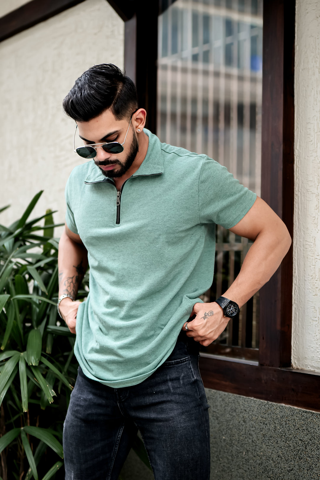 Light Green Self Design Zipper Neck T-Shirt