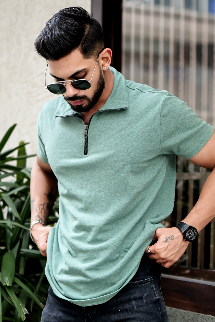 Light Green Self Design Zipper Neck T-Shirt