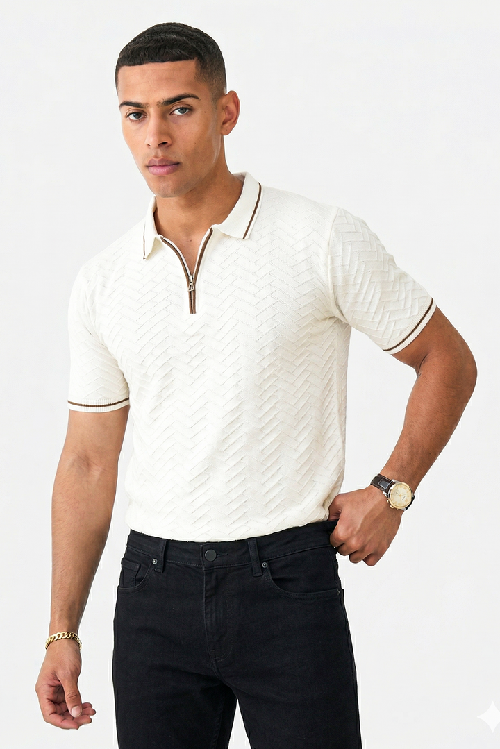 Cream Premium Flat Knit Polo T-Shirt