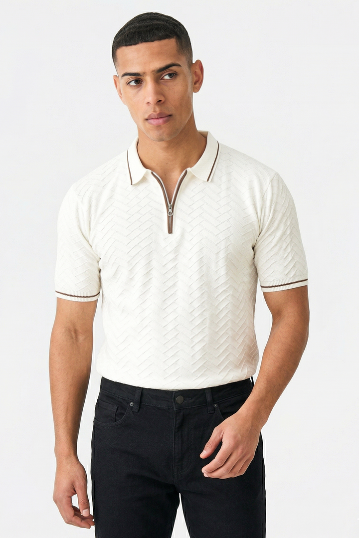 Cream Premium Flat Knit Polo T-Shirt