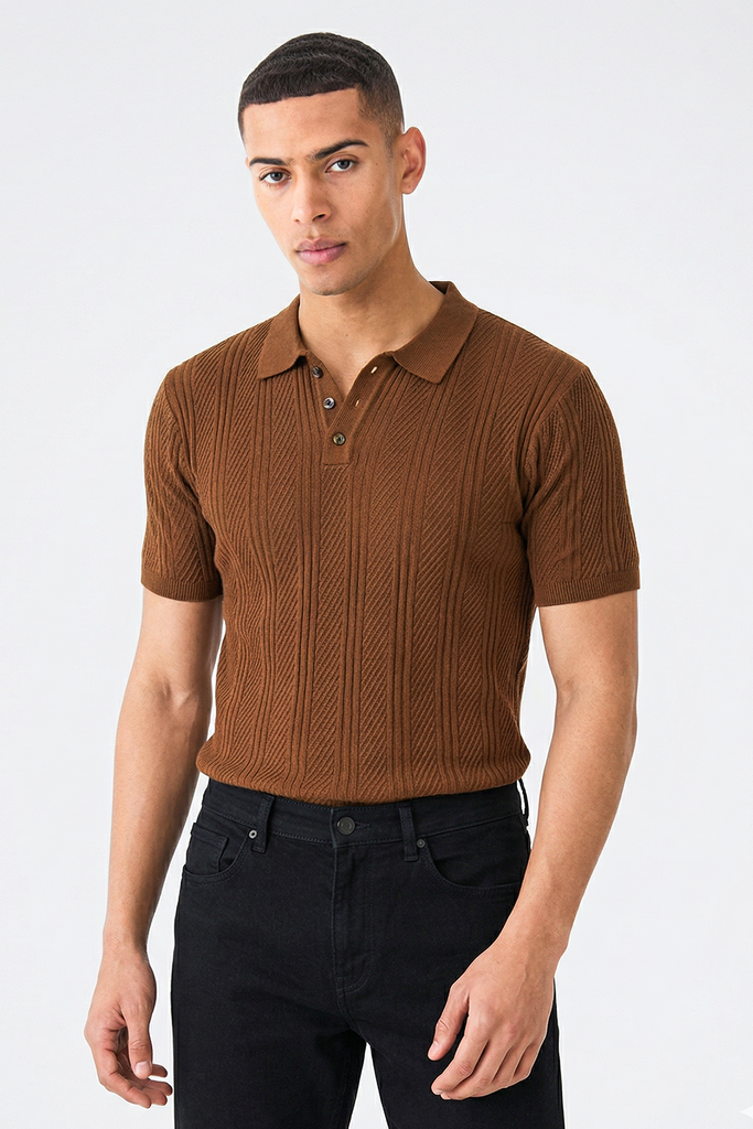 Embedded Textured Brown Premium Flat Knit Polo T-Shirt – Gritstones
