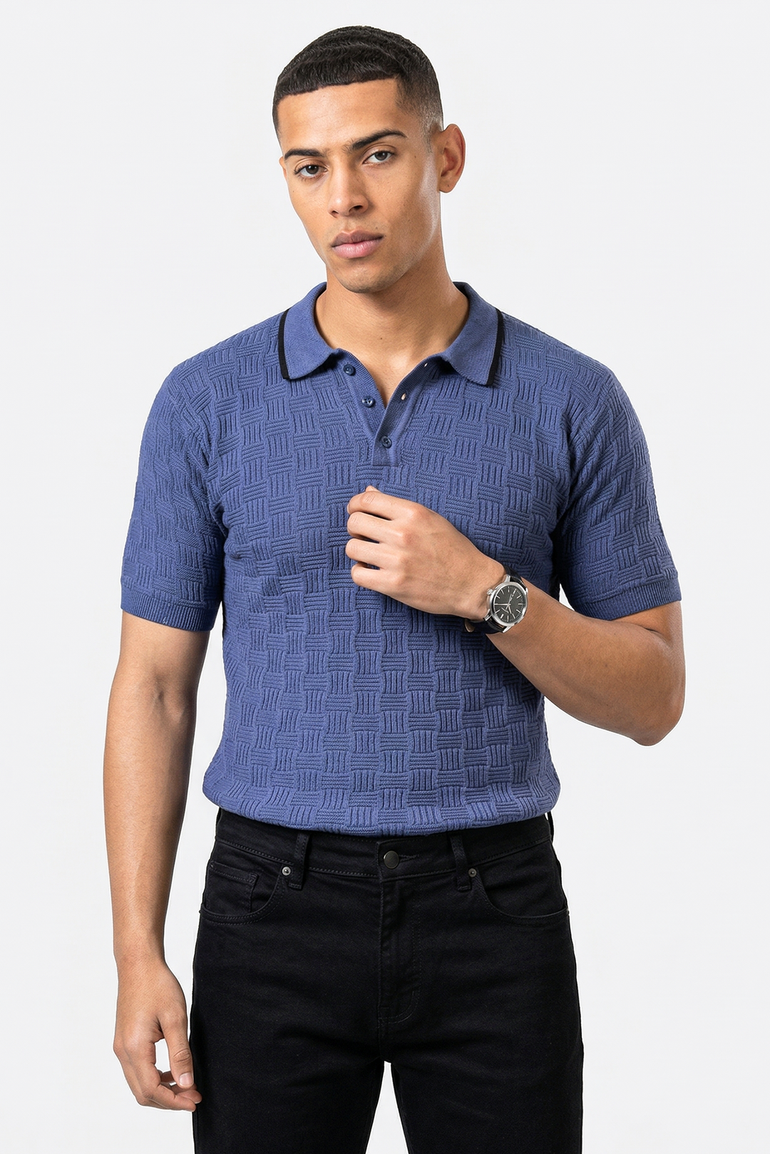 Embedded Textured Flat Knit Premium Polo T-Shirt
