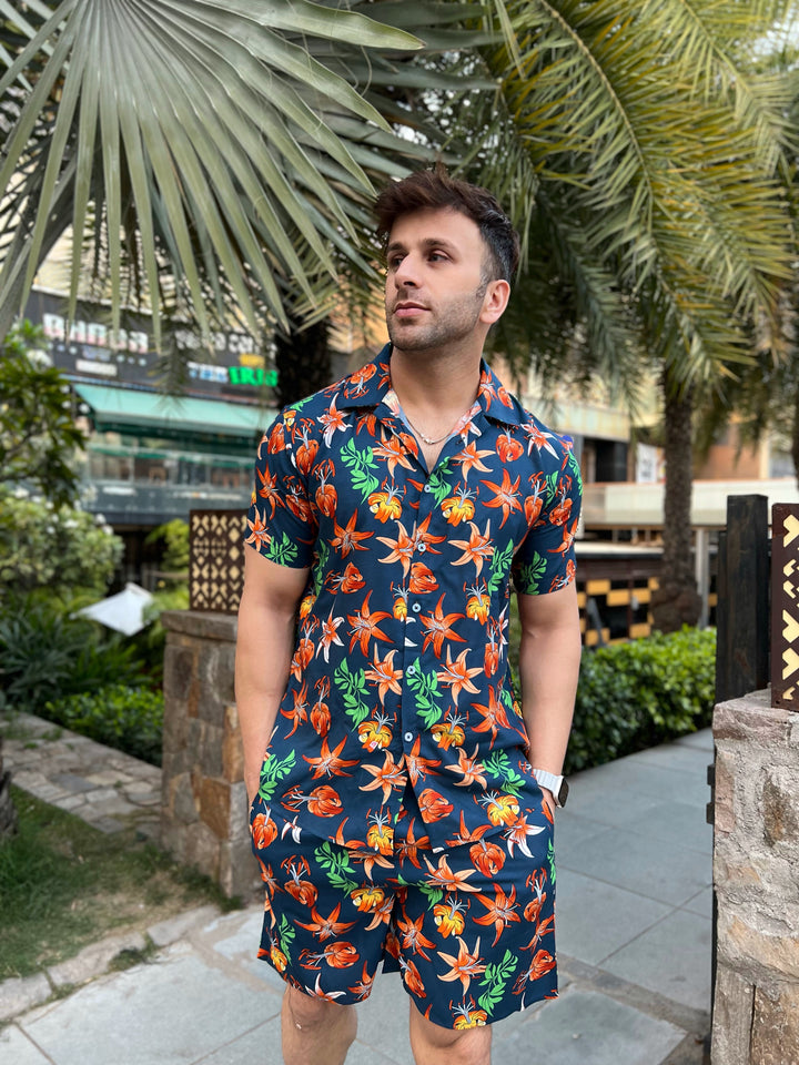 Navy Orange Floral Rayon Co-Ords