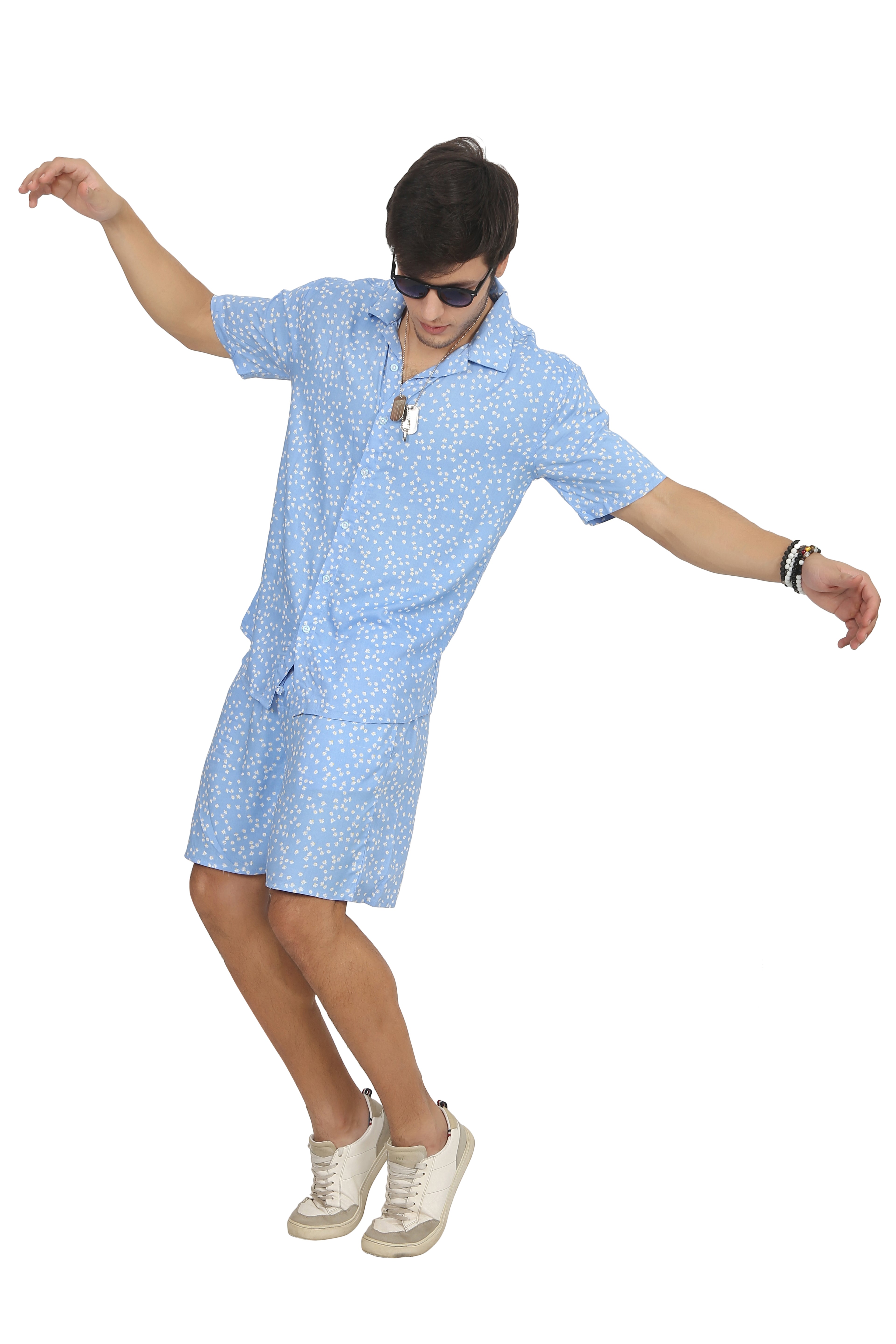 White Floral Blue Rayon Co-Ord