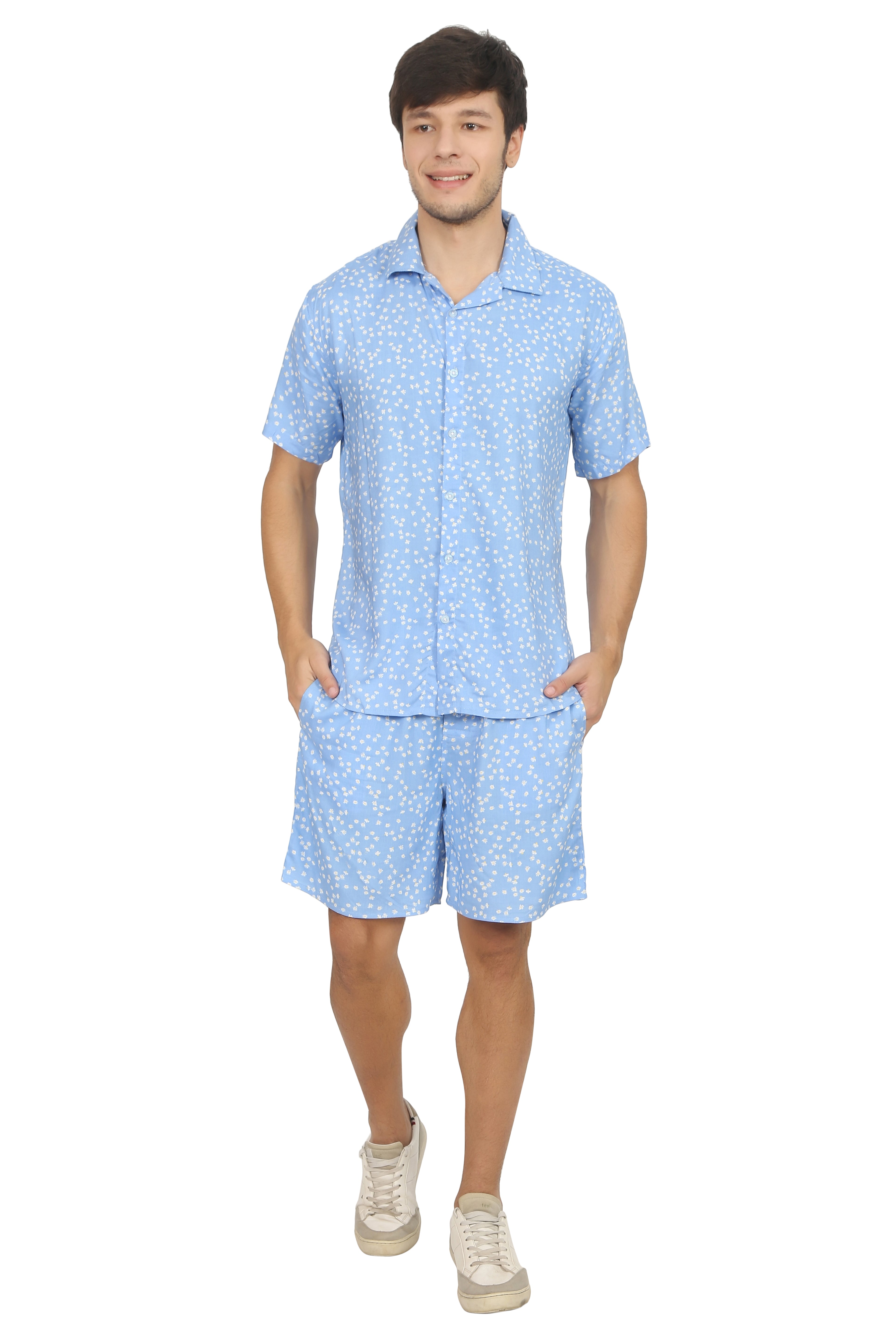 White Floral Blue Rayon Co-Ord