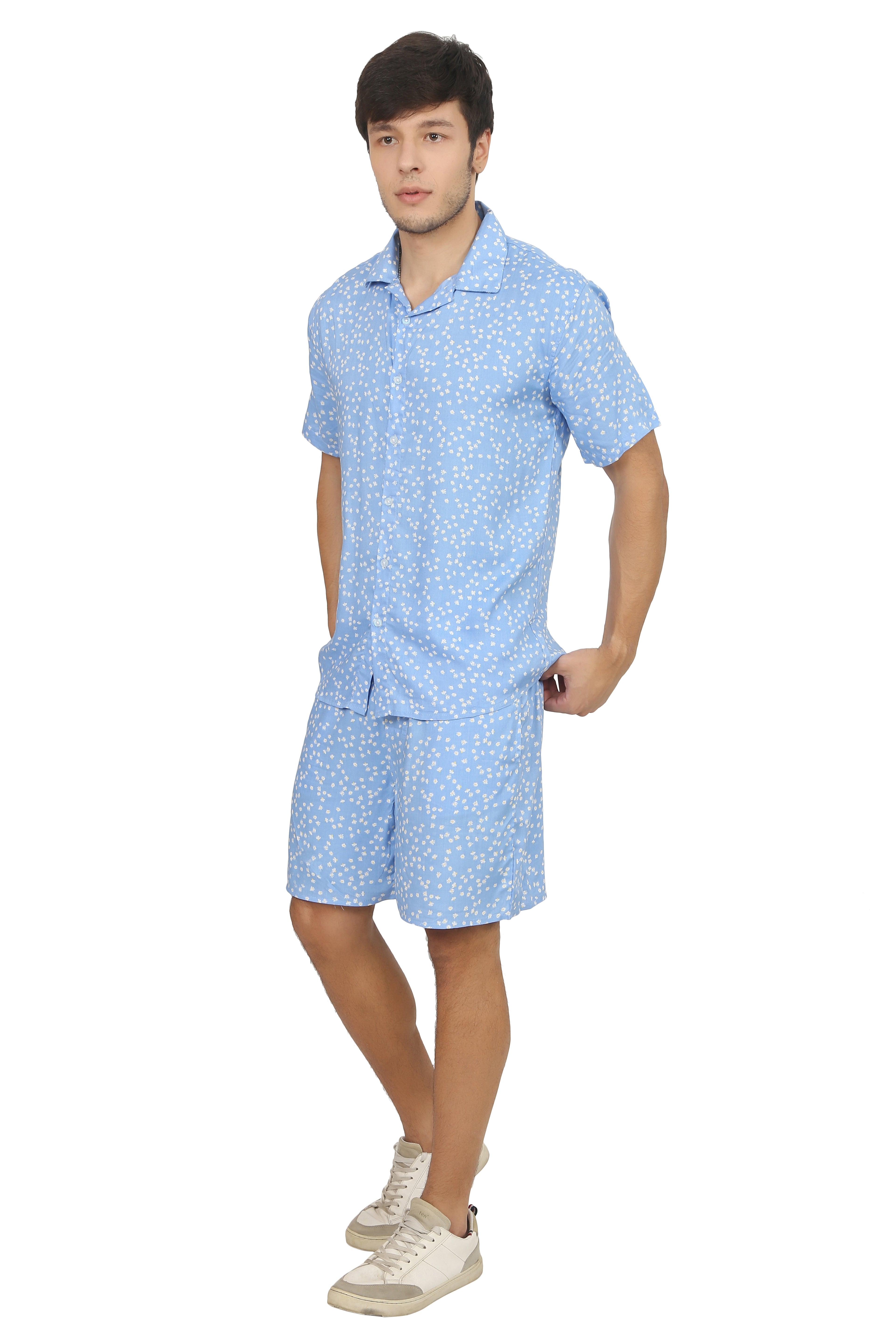 White Floral Blue Rayon Co-Ord