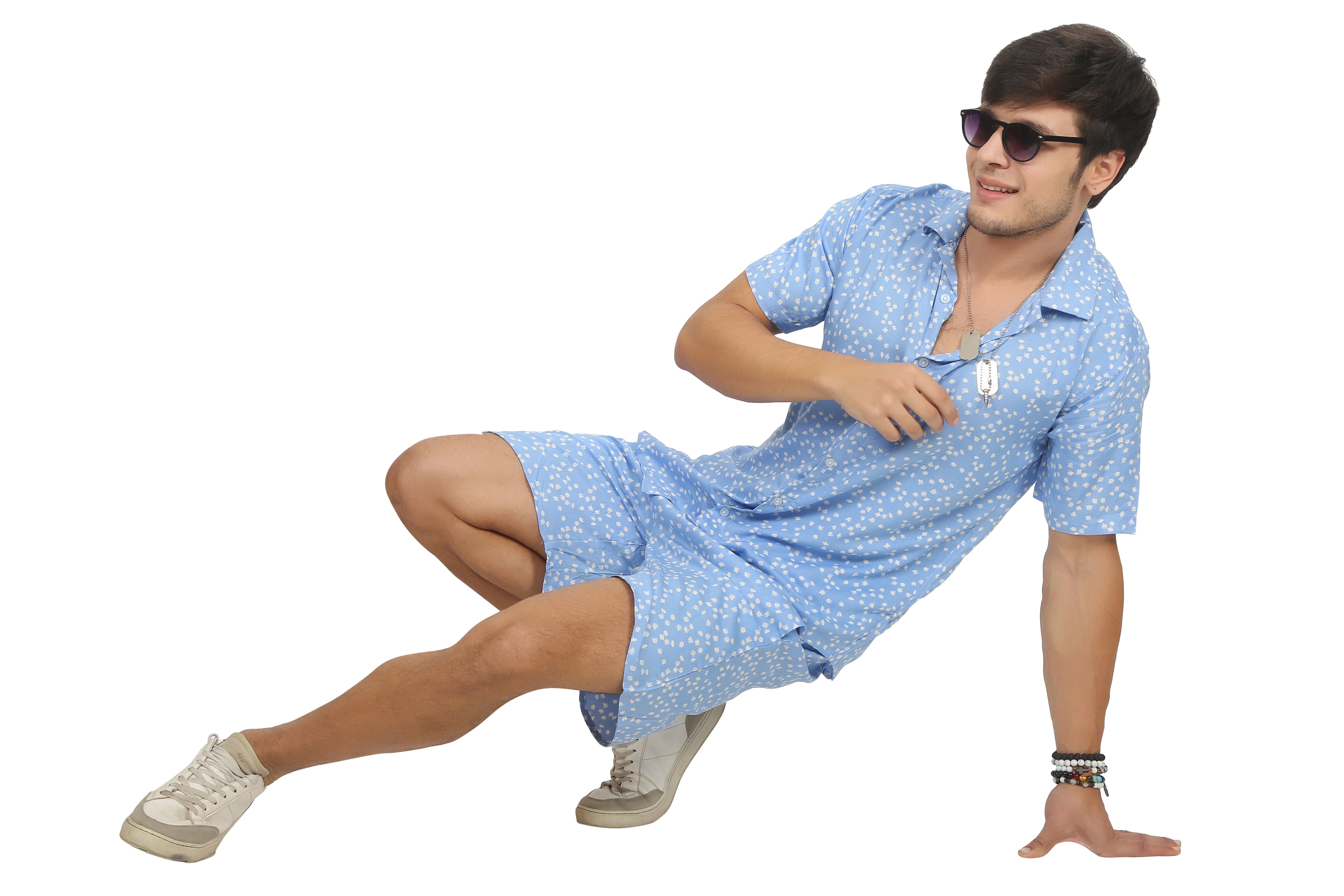 White Floral Blue Rayon Co-Ord