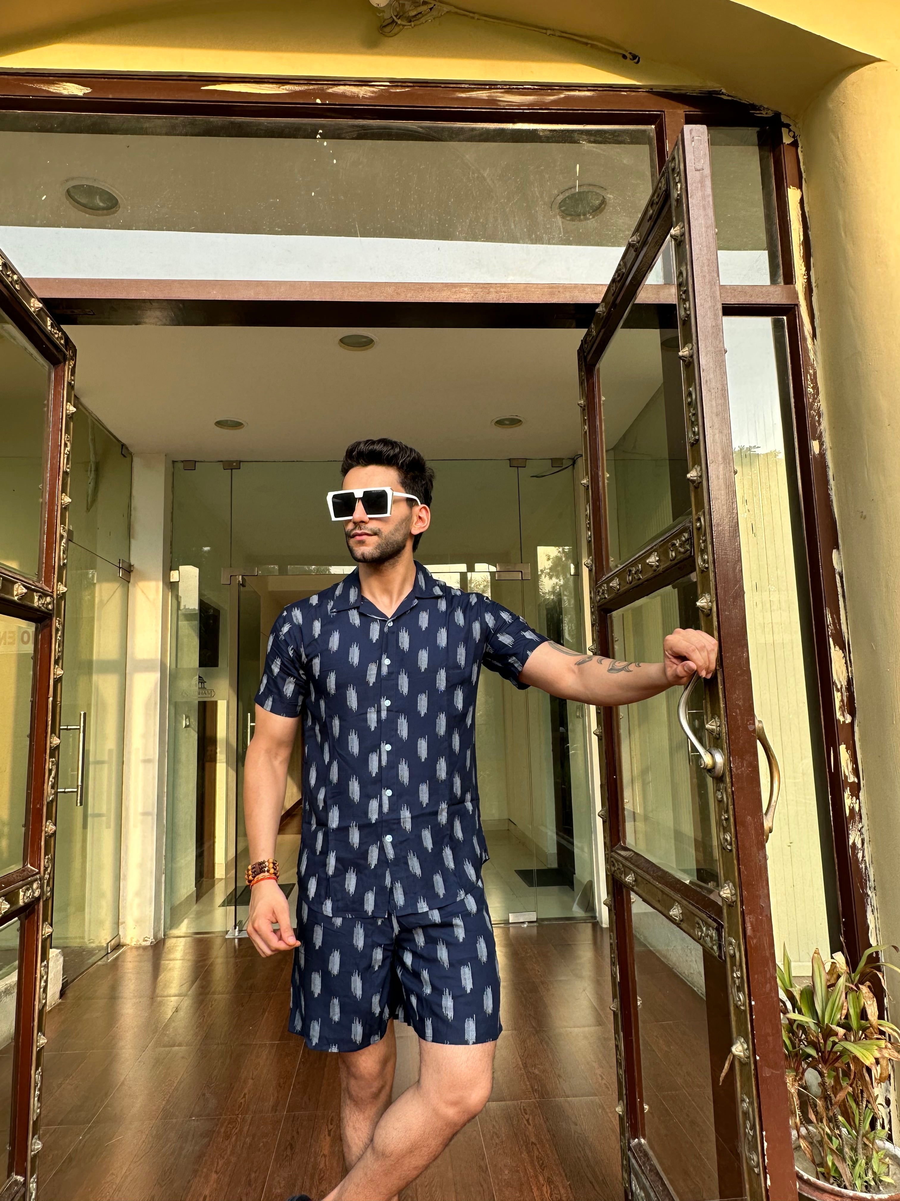Navy White Printed Rayon Co-Ord