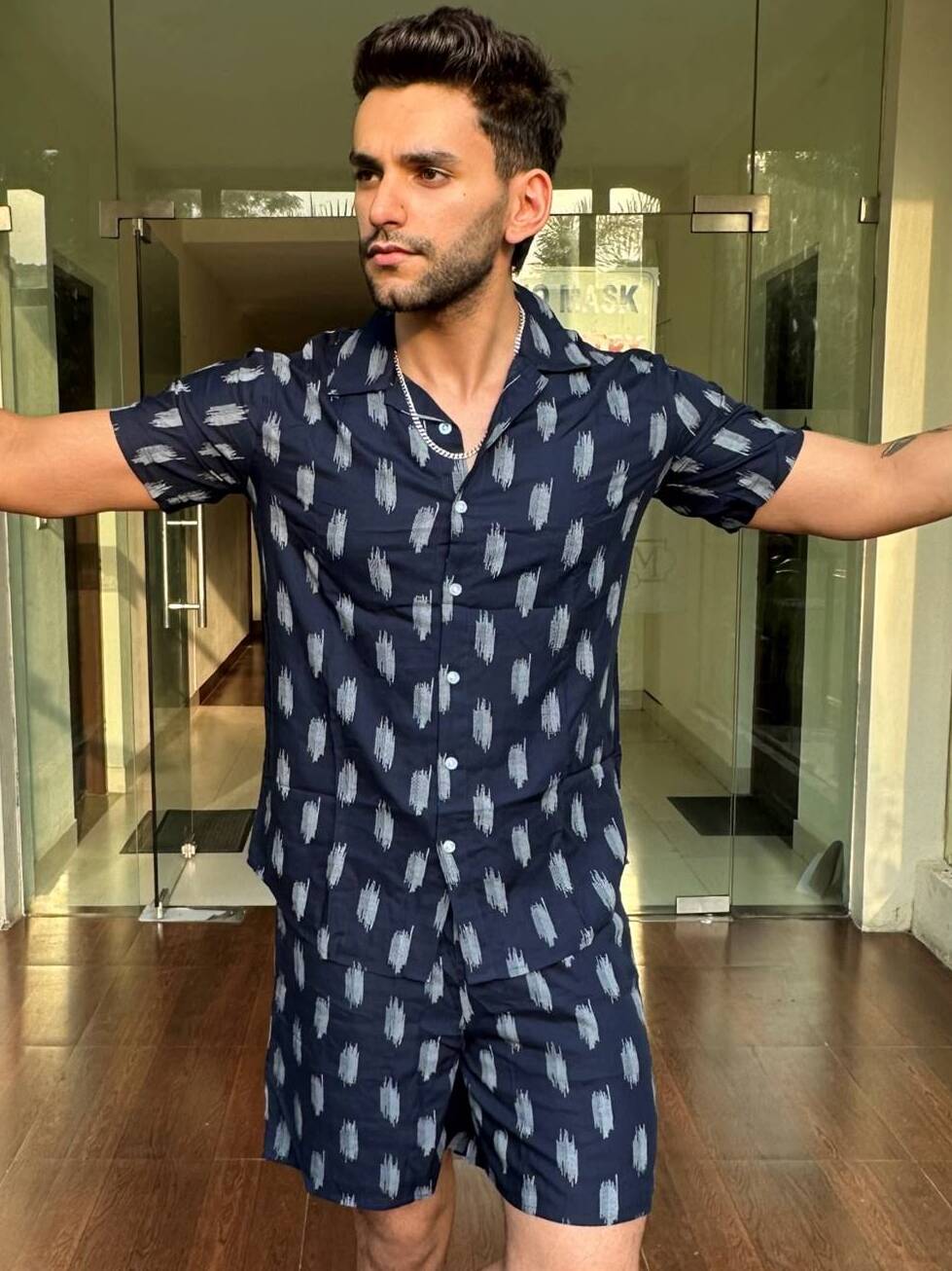 Navy White Printed Rayon Co-Ord