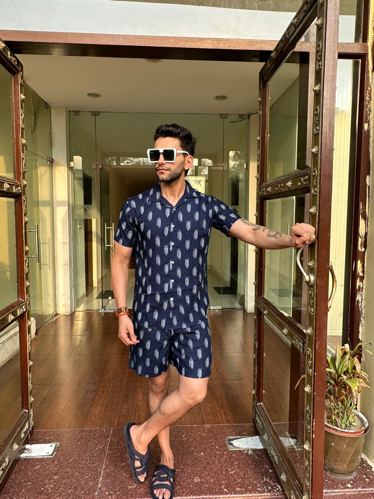 Navy White Printed Rayon Co-Ord