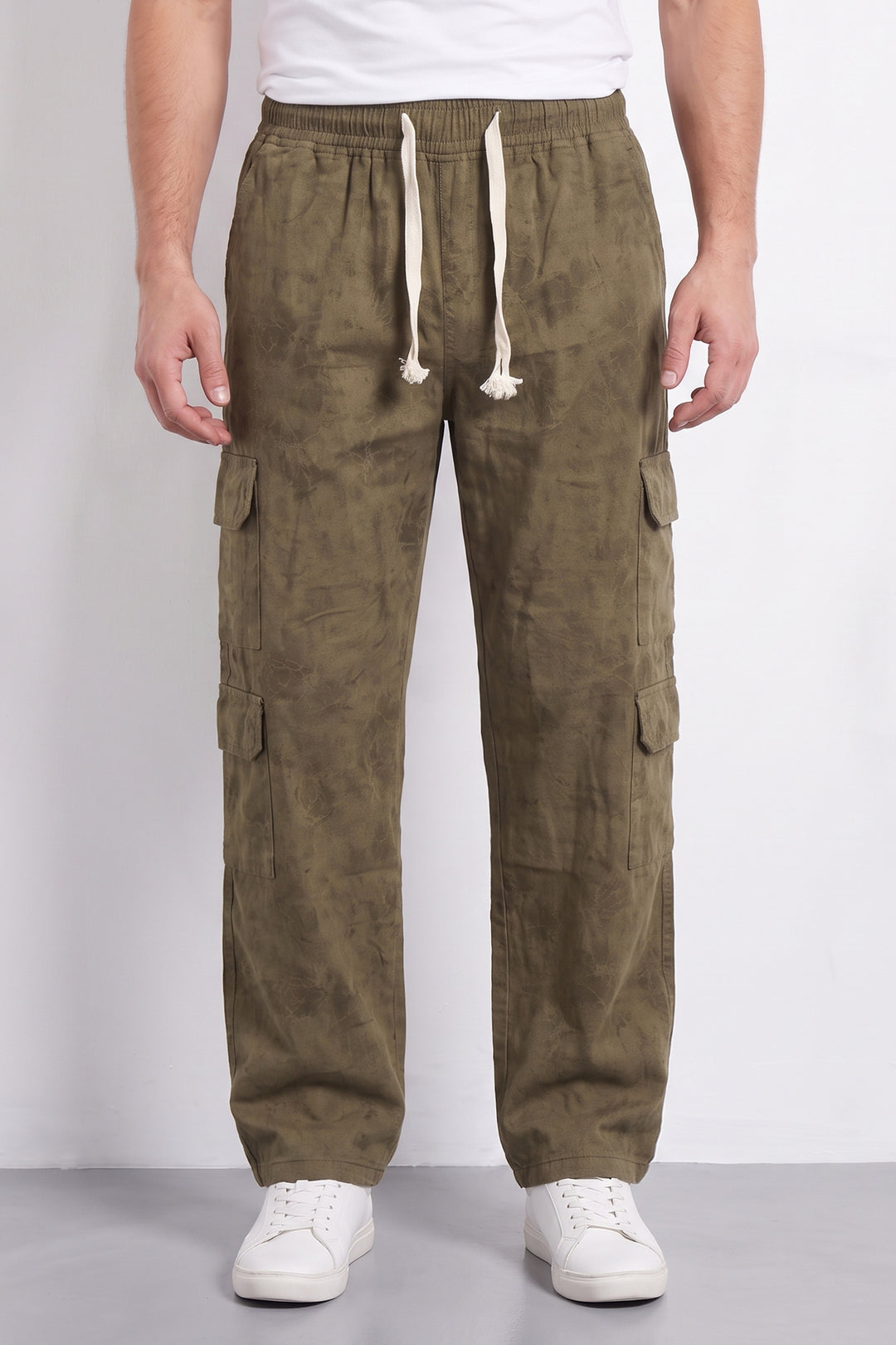 Beige Mens 7 Pocket Cargo Pants with Elasticated Waist & Drawstring Closure | Utility Casual Trousers